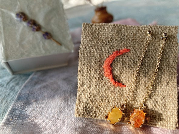 Lithuanian amber earrings and plant-dyed cotton purse [vegan]